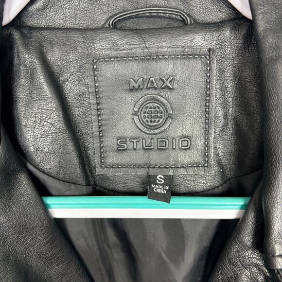 Max Studio Faux Leather Jacket Womens Small Black Moto Biker Zippers Vegan Rock - Picture 5 of 12